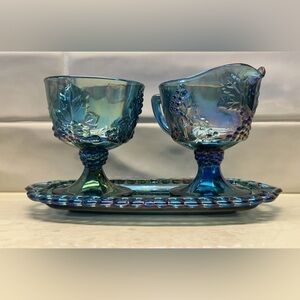 Vintage Indiana Harvest Grape Blue Purple Carnival Glass Cream Sugar Set IN BOX